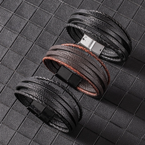 Bracelet Homme Multicouche en Cuir Tressé Avec Boucle Magnétique en Alliage Bijoux de Poignet Tissés à la Main Vintage Punk