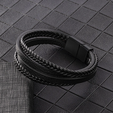 Bracelet en Cuir Tressé à la Main pour Hommes Bracelet Multicouche Minimaliste Avec Boucle Magnétique en Alliage Bijoux de Style Vintage