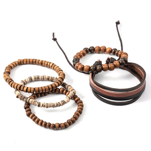 Vintage Men Leather Bracelet Set Wood Beads Coconut Shell Adjustable Woven Ethnic Style Handmade Multilayer Wristband Fashion Jewelry