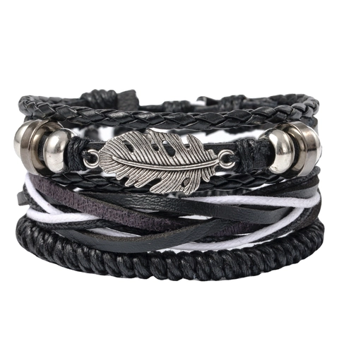 Bracelet Multicouche en Cuir Tressé Punk Vintage Avec Pendentif Plume en Alliage Cordon en Cuir Rétro Bracelet Réglable Bijoux Homme Femme