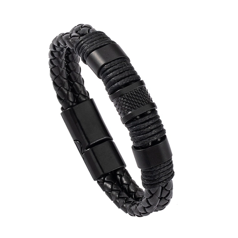 Men Hand Woven Leather Bracelet Fashion Jewelry With Magnetic Buckle Double Layer Design Woven Leather Bangle Simple Wristband