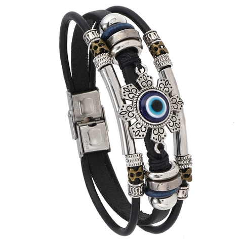 Vintage Mehrlagiges Lederarmband Edelstahl Magnetverschluss Böser Blick Hand der Fatima Ethnisch Punk Geflochten Schmuck