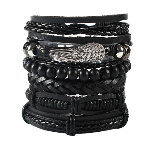 Bracciale da Uomo in Pelle Intrecciata Multistrato Vintage Con Ciondolo ad Ala in Lega Regolabile Stile Punk Gioielli Fatti a Mano