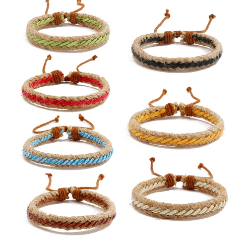 Bracciale in Corda di Canapa Intrecciato a Mano Stile Etnico Cordino Intrecciato Regolabile per Uomo Donna Gioielli Boho