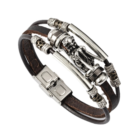 Herren Vintage Mehrlagiges Geflochtenes Echtleder Armband Mit Drachenkopf Verschluss Aus Edelstahl Punk Stil Brauner Schmuck