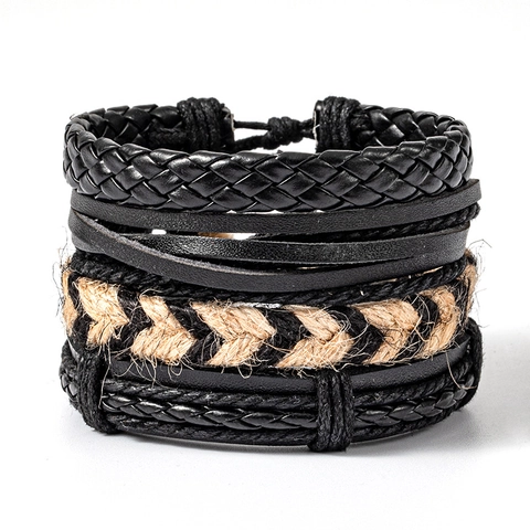 Heren Gevlochten Leren Armband Set Meerlaags Koeienhuid PU Hennep Minimalistisch Punk Sieraden Verstelbare Polsband Cadeau