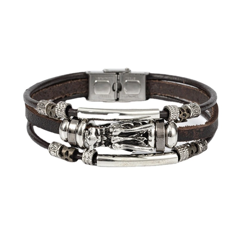 Herren Vintage Mehrlagiges Geflochtenes Echtleder Armband Mit Drachenkopf Verschluss Aus Edelstahl Punk Stil Brauner Schmuck