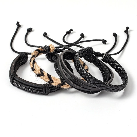 Heren Gevlochten Leren Armband Set Meerlaags Koeienhuid PU Hennep Minimalistisch Punk Sieraden Verstelbare Polsband Cadeau