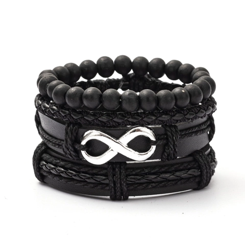 Bracciale Multistrato in Pelle Vintage da Uomo Con Ciondolo Infinito Lega Nera Con Perline Intrecciate Regolabile