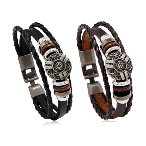 Herren Retro Mehrlagiges Gewebtes Kuhleder Armband Vintage Punk Stil Legierung Metallschließe Holzperle Schmuck Geschenk Für Männer