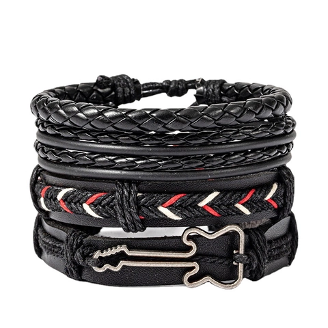 Set di Bracciali in Pelle di Vacchetta Punk Rock per Uomo Corda Intrecciata Con Ciondolo Chitarra in Lega Gioielli Hip Hop