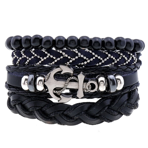 Vintage Nautisch Anker Geflochtenes Rindsleder Mehrlagiges Armband Für Herren Legierung Kette Punk Stil Handseil Armband Schmuck