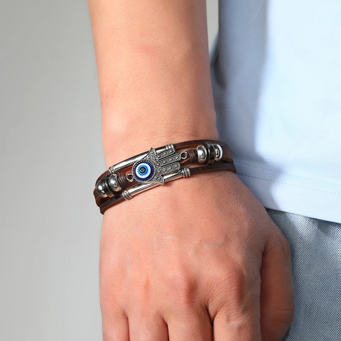 Vintage Mehrlagiges Lederarmband Edelstahl Magnetverschluss Böser Blick Hand der Fatima Ethnisch Punk Geflochten Schmuck