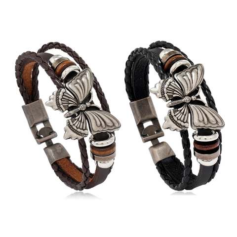 Bracciale Vintage Bohémien a Strati in Pelle di Vacchetta per Donna Ciondolo Farfalla in Lega Bracciale Intrecciato in PU