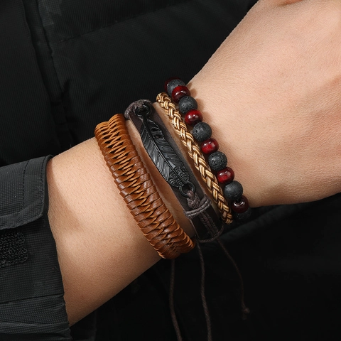Juego de Pulseras de Cuero de Vaca Tejido Multicapa Vintage Colgante de Pluma de Aleación Piedra Natural Cuentas de Madera