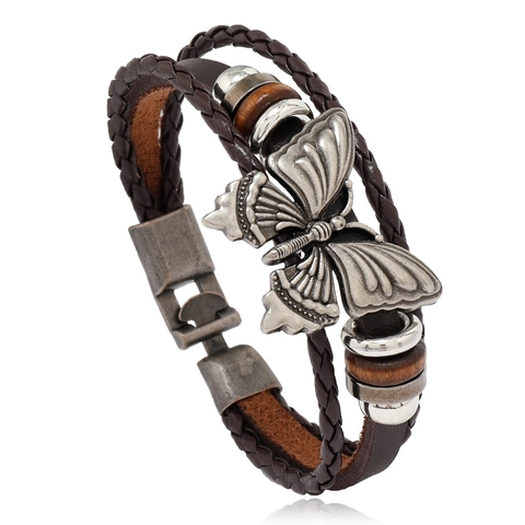 Bracciale Vintage Bohémien a Strati in Pelle di Vacchetta per Donna Ciondolo Farfalla in Lega Bracciale Intrecciato in PU
