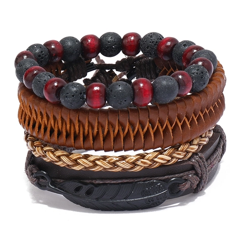 Juego de Pulseras de Cuero de Vaca Tejido Multicapa Vintage Colgante de Pluma de Aleación Piedra Natural Cuentas de Madera