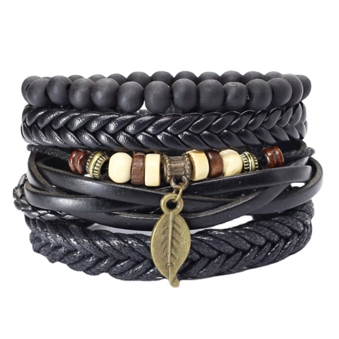 Bracciale in Pelle Intrecciata Multistrato in Lega di Cuoio Vintage Con Ciondolo a Foglia per Uomo Bohemian Punk Perline di Legno Gioielli