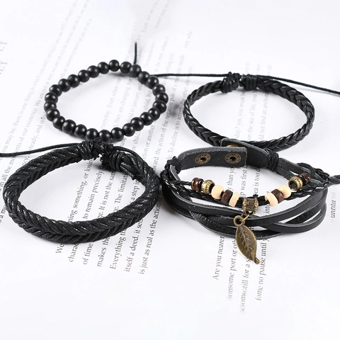 Bracciale in Pelle Intrecciata Multistrato in Lega di Cuoio Vintage Con Ciondolo a Foglia per Uomo Bohemian Punk Perline di Legno Gioielli