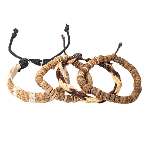 Bracciale Intrecciato Etnico Vintage da Uomo Pelle Fatta a Mano Corda di Canapa Perle in Guscio di Cocco Gioielli