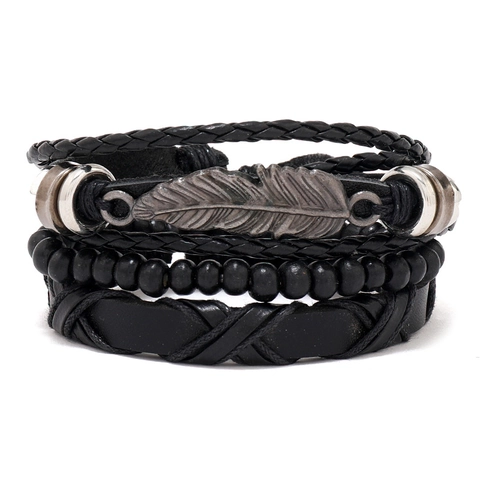 Bracciale in Pelle da Uomo Retro Combinazione Multistrato Cordino Intrecciato Ciondolo a Piuma Perline Nere Punk Gioielli di Moda Cinturino Regolabile