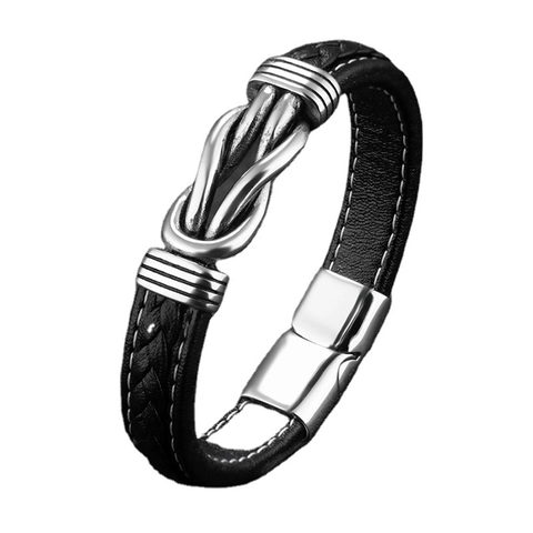 Men Vintage Genuine Leather Braided Bracelet Alloy Infinity Knot Magnetic Clasp Handwoven Wristband Business Fashion Jewelry