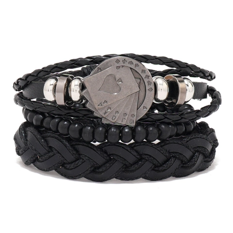Vintage Herren Mehrlagiges Geflochtenes Lederarmband Set Mit Holzperlen Legierung Poker Pik As Charm Verstellbarer Schmuck