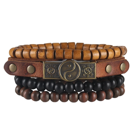 Heren Retro Yin Yang Tai Chi Multi-layer Lederen Armband Set Met Houten Kralen Legering Bedeltje Punk Etnische Sieraden