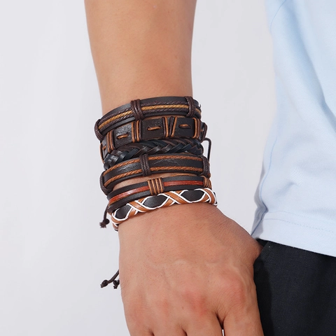 Handmade Retro Leather Braided Multi Layer Geometric Punk Wristband For Men Casual Fashion Jewelry Gift Brown Black