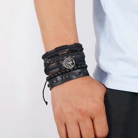 Men Retro Multilayer Leather Braided Bracelet Silver Tree Of Life Pendant Black Bead Punk Bohemian Jewelry Hand Rope