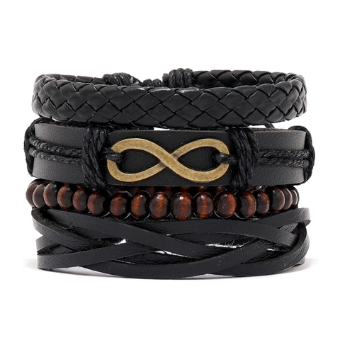 Bracciali in Pelle Multistrato Vintage da Uomo Simbolo Infinito Pelle Bovina Corda Intrecciata PU Perline di Legno Gioielli Punk