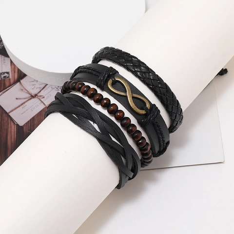 Bracciali in Pelle Multistrato Vintage da Uomo Simbolo Infinito Pelle Bovina Corda Intrecciata PU Perline di Legno Gioielli Punk