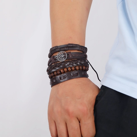 Collection de Bracelets en Cuir Vintage pour Hommes Corde Tressée Multicouche Perles en Bois Arbre de Vie Pendentif Bohème Cadeau
