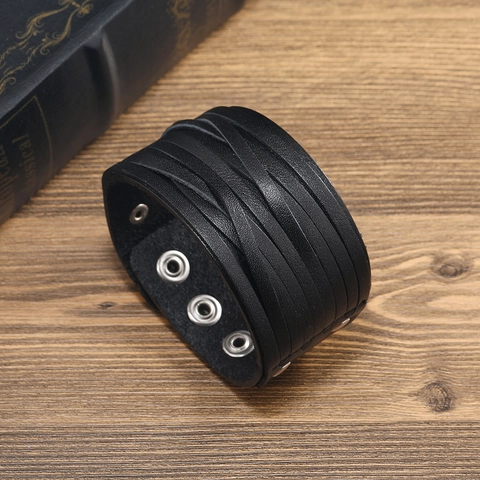 Retro Herren Breit Geflochtenes Rindsleder Armband Mehrlagiges Punk Rock Armreif Silber Legierung Schnalle Schmuck