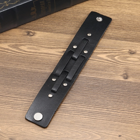 Men Punk Rock Wide Leather Bracelet With Metal Rivets Adjustable Handmade Black Multi-Layer Bangle Street Fashion Jewelry