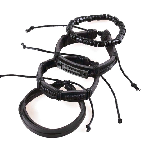 Bracciale in Pelle Intrecciata da Uomo Vintage Set Ciondolo a Croce in Lega Nero Multistrato Perline Punk Gioielli Regalo