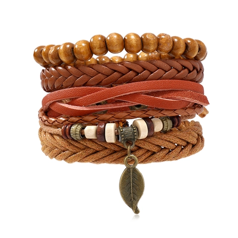 Vintage Geflochtenes Kunstleder Armband Set Herren Holzperlen Legierung Blatt Anhänger Mehrlagig Handgefertigter Schmuck