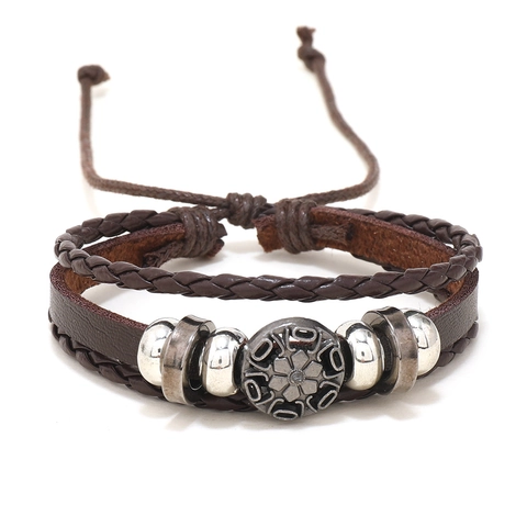 Vintage Herren Handgefertigtes Gewebtes Kunstleder Armband Kombination Mehrlagig Braun Legierung Charme Verstellbar Punk Armband