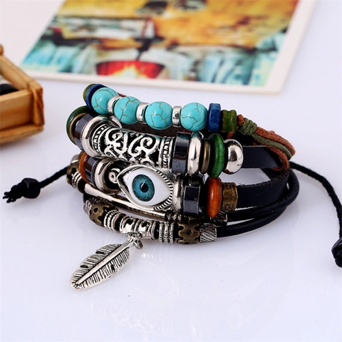 Juego de Pulseras de Cuero de Varias Capas para Hombre Cordón Trenzado Turquesa Artificial Colgante de Ojo Turco Pluma Joyería Bohemia Vintage