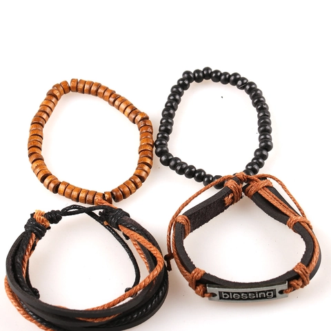 Juego de Pulseras Multicapa Blessing Vintage para Hombre Cuero Artificial Tejido a Mano Cuentas de Madera Ajustable Punk