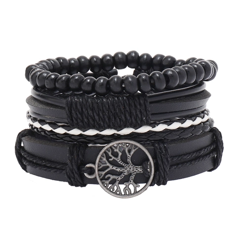 Pulsera Multicapa de Hombre Vintage Árbol de la Vida de Cuero Sintético Tejido a Mano con Cuentas de Madera Punk Ajustable Etnico