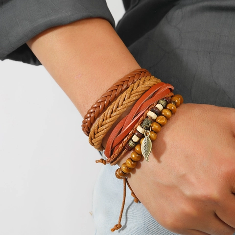 Vintage Geflochtenes Kunstleder Armband Set Herren Holzperlen Legierung Blatt Anhänger Mehrlagig Handgefertigter Schmuck