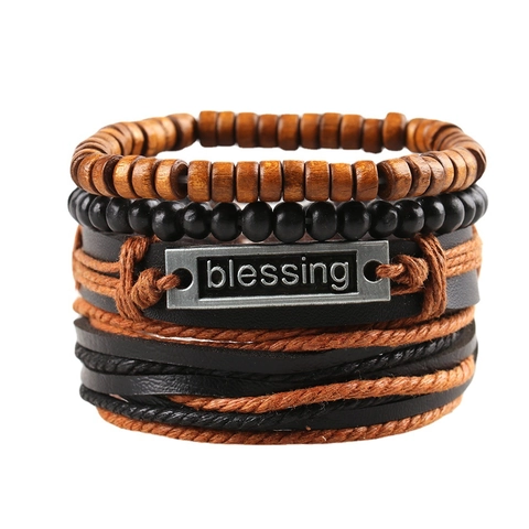 Juego de Pulseras Multicapa Blessing Vintage para Hombre Cuero Artificial Tejido a Mano Cuentas de Madera Ajustable Punk
