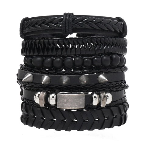 Bracciale Multistrato In Pelle Di Vacchetta Intrecciata Per Uomo Con Punte In Lega E Perline In Legno Stile Punk Regolabile