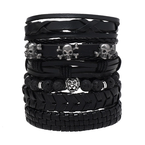 Bracciale in Pelle Multistrato Stile Punk con Teschio e Leone Perle in Pietra Vulcanica Intrecciato Gioielli Vintage per Uomo