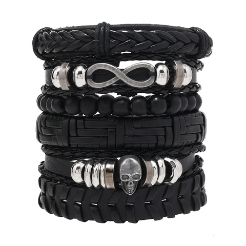 Herren Vintage Punk Hip Hop Geflochtenes Leder Armband Set Mit Legierung Totenkopf Und Unendlichkeitssymbol Schmuck