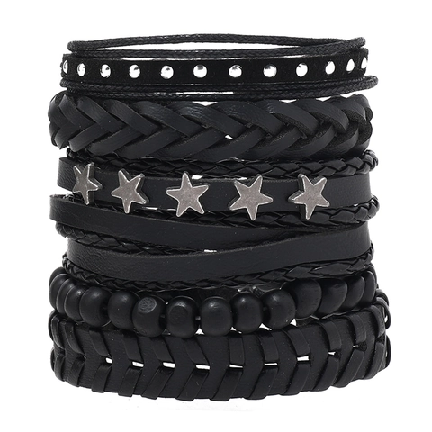 Punk Star Rivet Beaded Bracelet Combo PU Leather Alloy Adjustable Layered Boho Wristband For Men Fashion Jewelry Gift