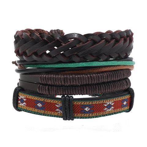 Bracciale da Uomo Multistrato in Pelle di Vacchetta Intrecciata a Mano Vintage Etnico Tribale Geometrico Regolabile