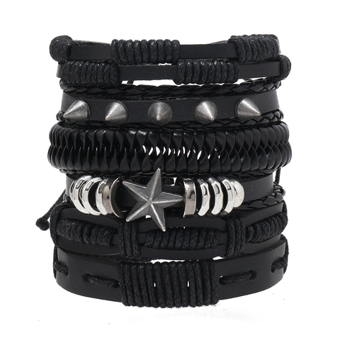 Bracciale in Ecopelle Intrecciato Multistrato Punk da Uomo Con Ciondolo a Stella e Rivetti in Metallo Cinturino Rockstar Gotico