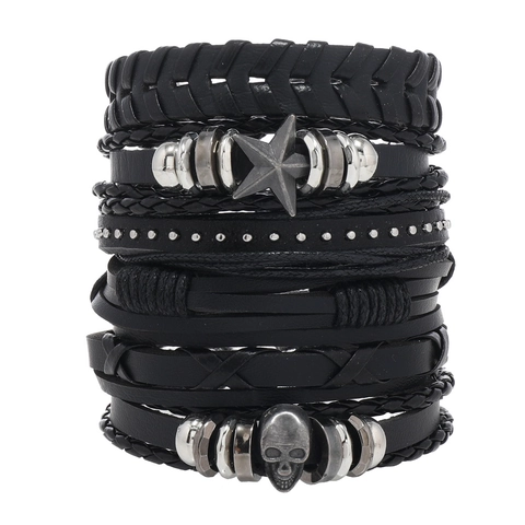 Handgemacht Mehrlagig Leder Punk Rock Totenkopf Armband Herren Vintage Stern Element Legierung Biker Armreif Schmuck